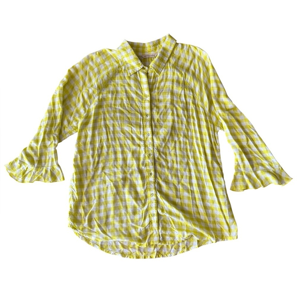 Soft Surroundings Petite Medium Yellow Checkered Blouse Ruffle Sleeve